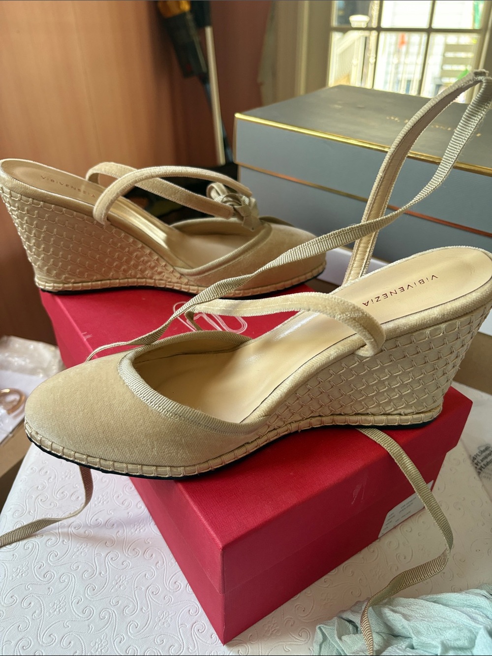NWT Beige Wedge Slingback Heels